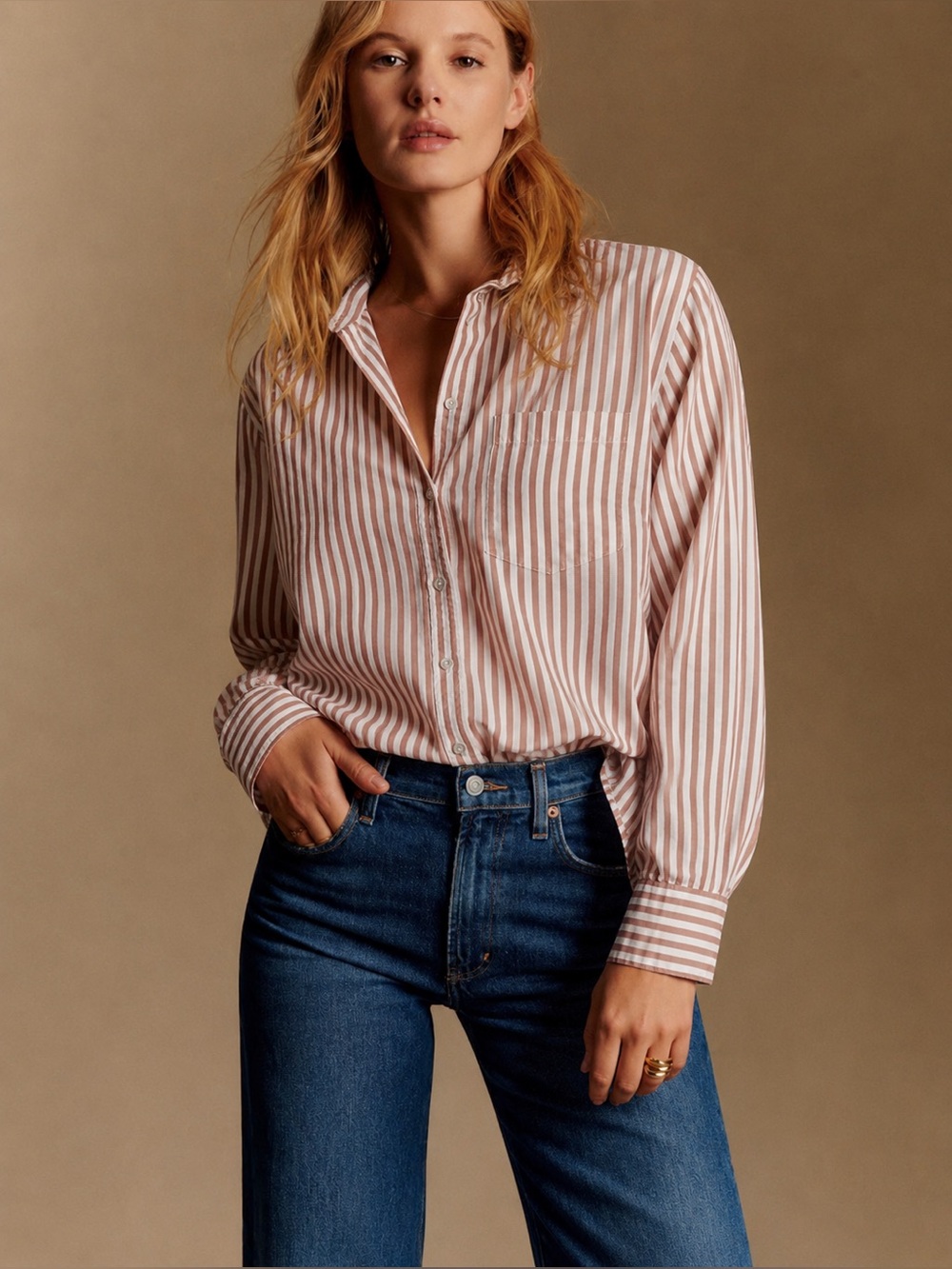 AERIE COTTON NEUTRAL STRIPE BUTTON UP Shirt